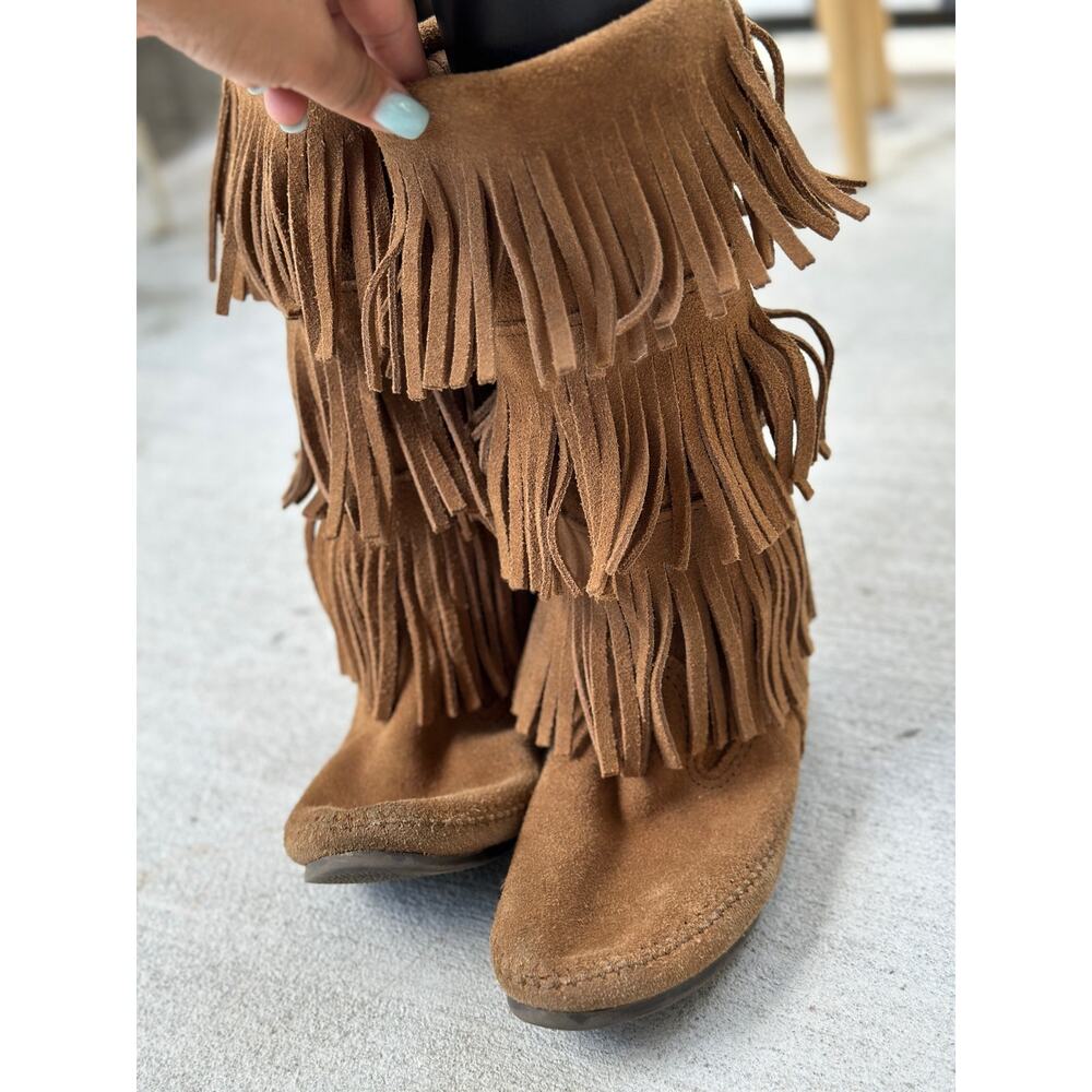 Minnetonka Moccasins 3 Layer Fringe Boot Brown Su… - image 5